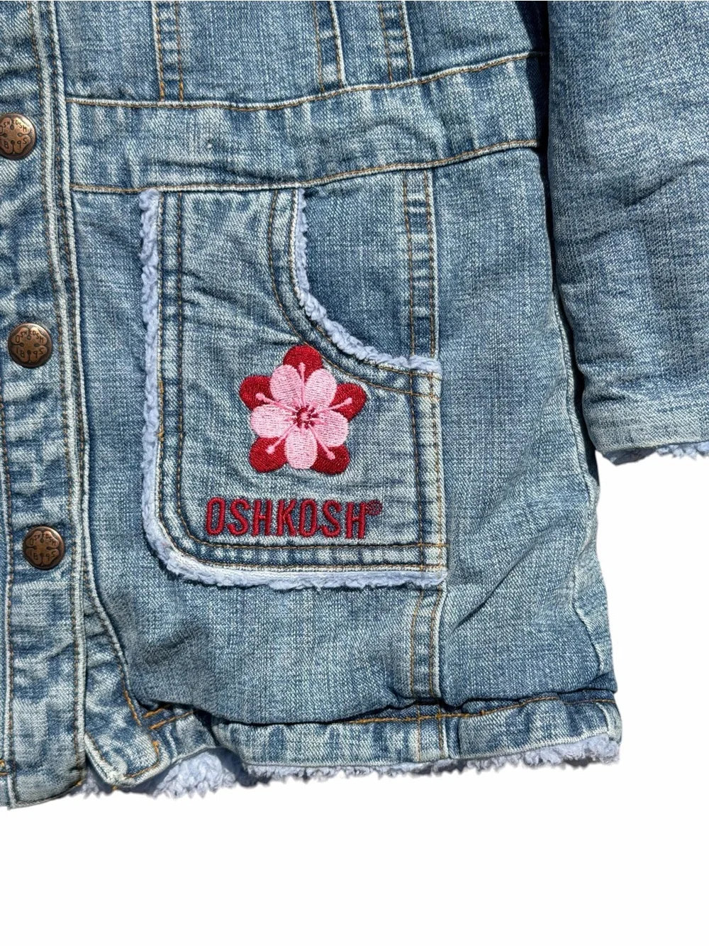 OshKosh B’Gosh Jean Jacket Girls 2T 3T Size 95 Sherpa Hooded Blue Floral Denim